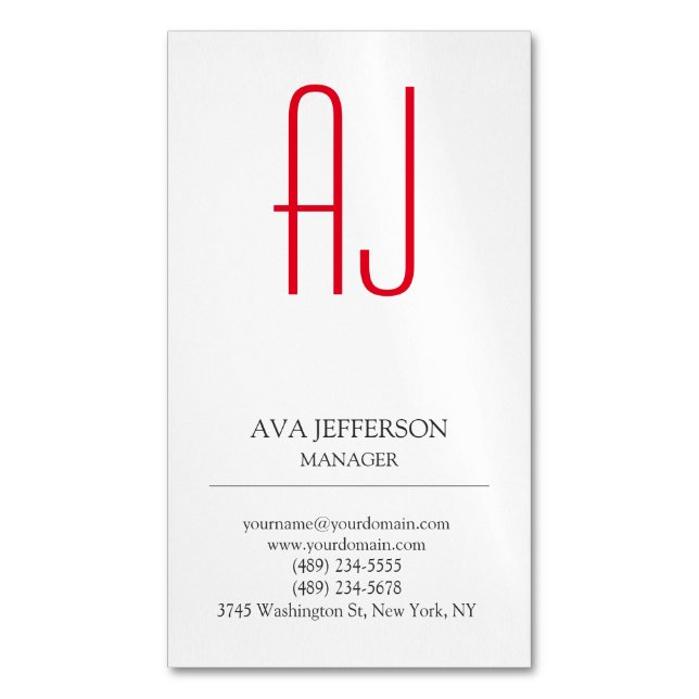 Modern plain vertical simple white red monogram 	Magnetic business card (Front Vertical)