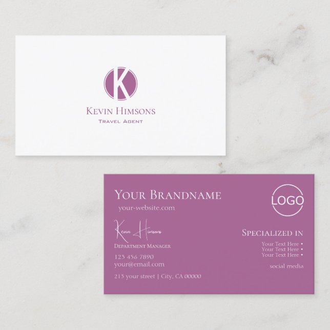 Modern Plain White Lilac with Monogram and Logo Business Card (Front/Back)