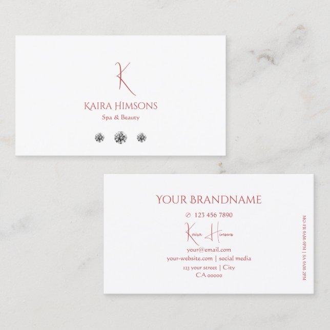 Modern Plain White with Monogram and Diamonds Chic Business Card (Front/Back)