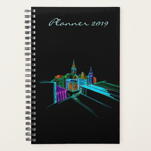 Modern Planner 2019 Black Vibrant City Art (Front)