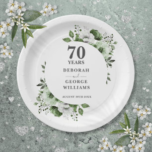 Modern Platinum 70th Wedding Anniversary Greenery Paper Plate