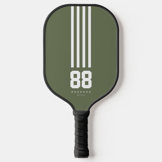 Modern Player Name Age Stripes Green Birthday Pickleball Paddle (Front)
