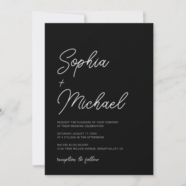 Modern Playful Calligraphy Black White Wedding Invitation (Front)