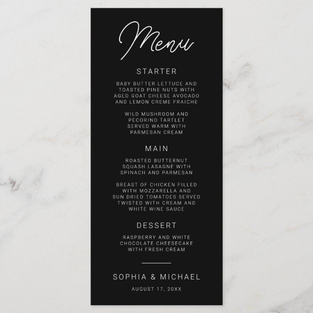 Modern Playful Calligraphy Black White Wedding Menu (Front)