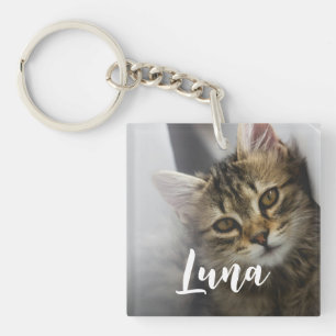Modern Playful Chic Cat Photo Name Key Ring