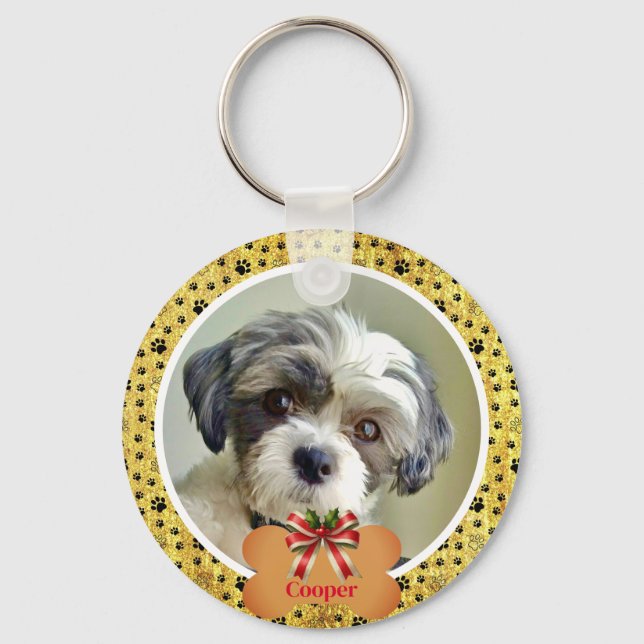 Modern Playful Simple Photo Dog - Paw Print Design Key Ring (Front)