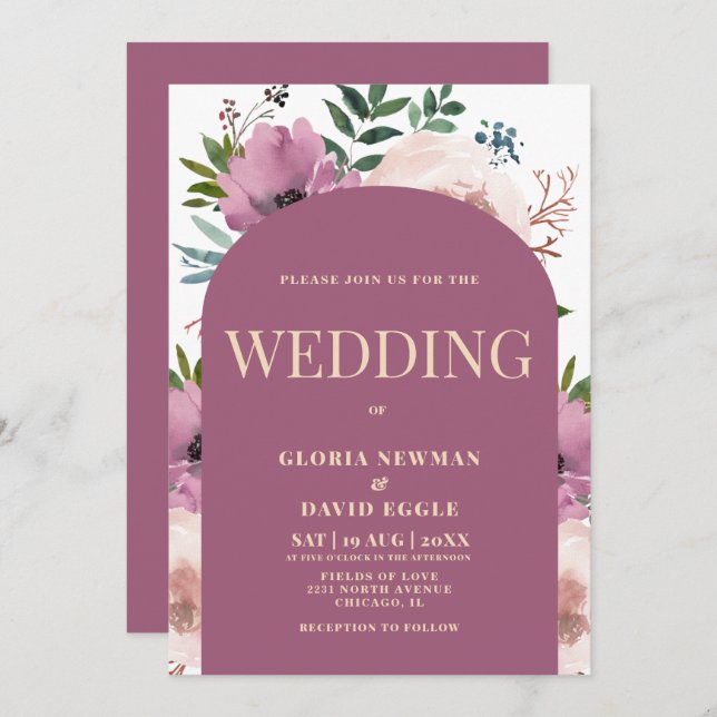 Modern Plum Arch Floral Wedding Invitation (Front/Back)