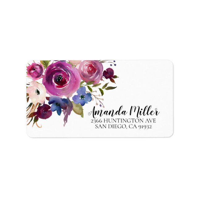 Modern Plum Blue Floral Return Address Label (Front)