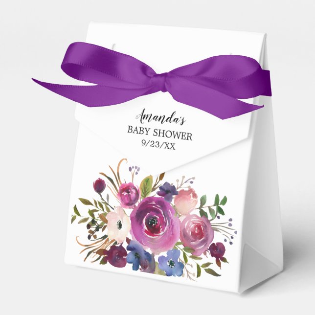 Modern Plum Blue Flowers Baby  Shower Favour Box (Front Side)