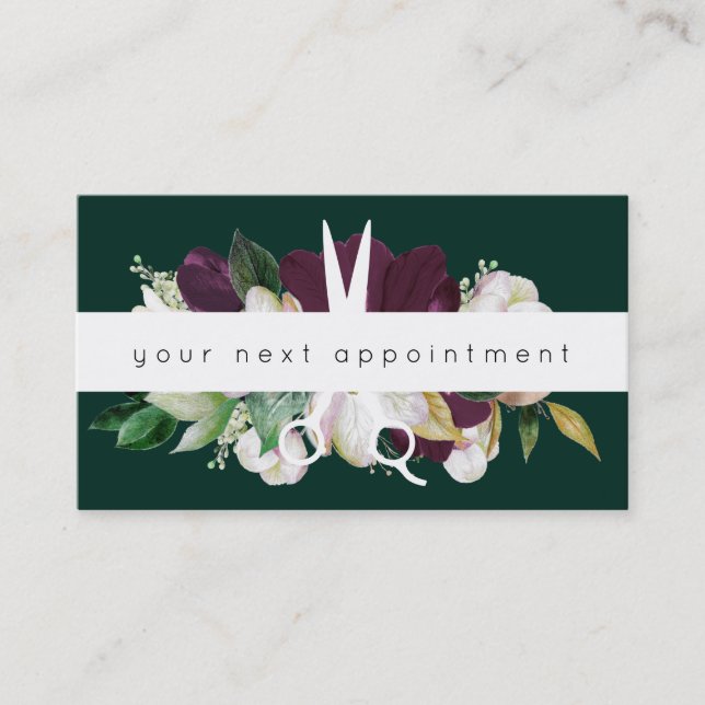 Modern Plum Floral Salon Scissors Logo Appointment Business Card (Front)