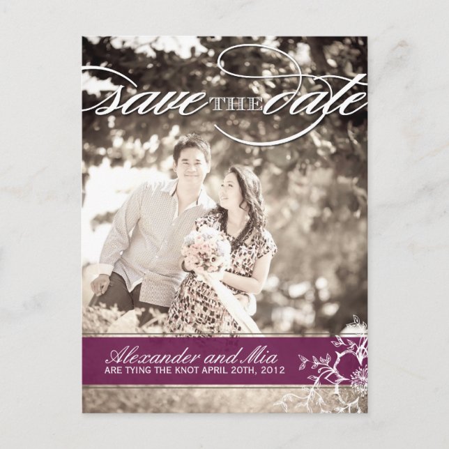 Modern Plum Floral Save the Date Announcement Postcard (Front)
