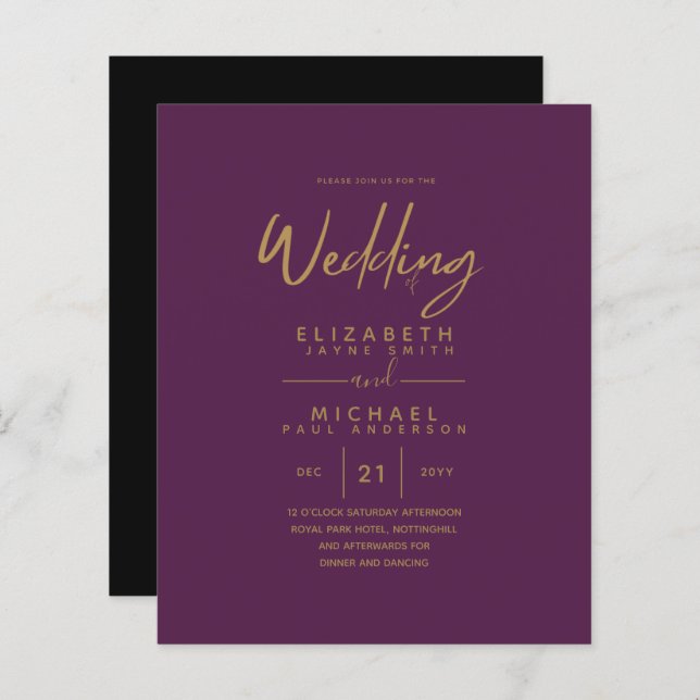 Modern Plum Gold Budget Wedding Invites (Front/Back)