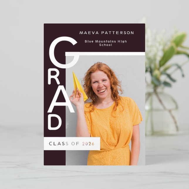 Modern Plum Graduation Announcement Silver Foil (Standing Front)