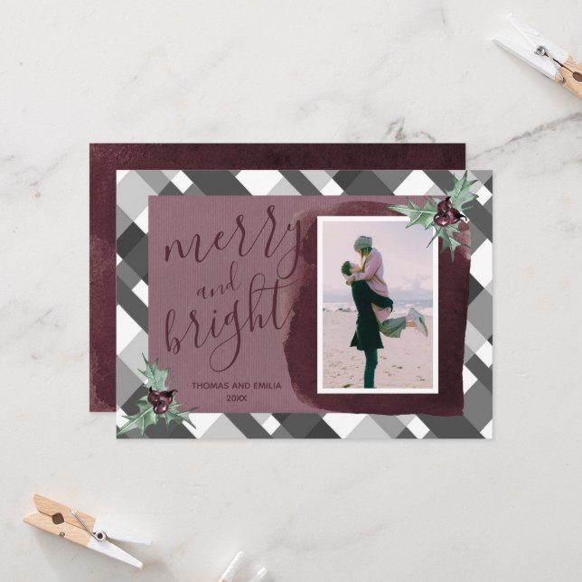 Modern Plum Grey Tartan Photo Family Christmas Card (Front/Back In Situ)