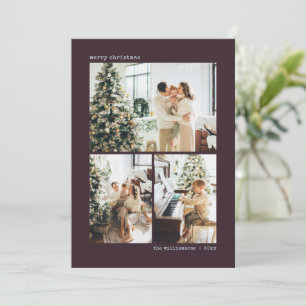 Modern Plum Minimalist Three Photo Christmas Holiday Card