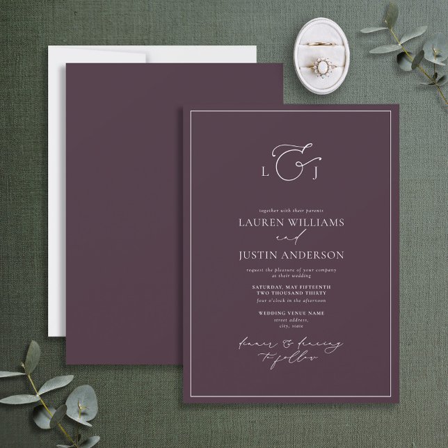 Modern Plum Purple Calligraphy Monogram Wedding In Invitation (Creator Uploaded)