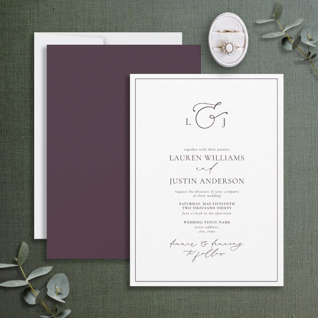 Modern Plum Purple Calligraphy Monogram Wedding Invitation (Creator Uploaded)
