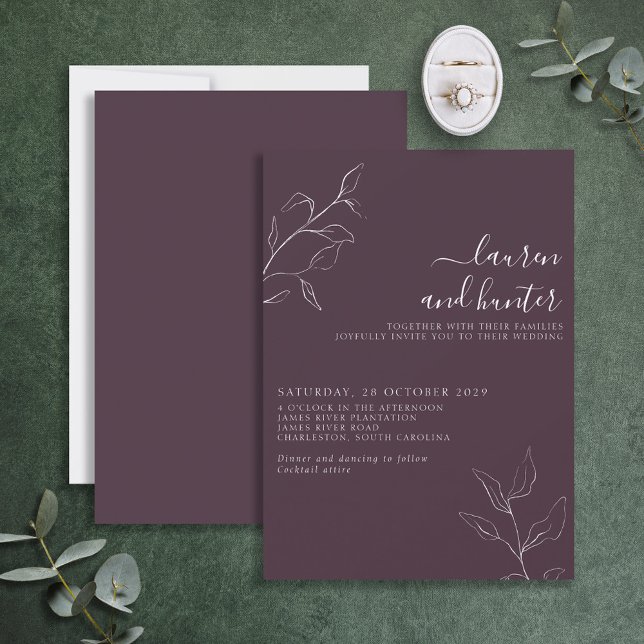Modern Plum Purple Floral Botanical Script Wedding Invitation (Creator Uploaded)