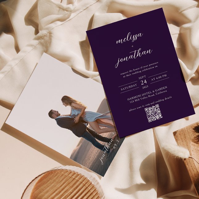 Modern Plum Purple Photo Script QR Code Wedding Invitation (Creator Uploaded)