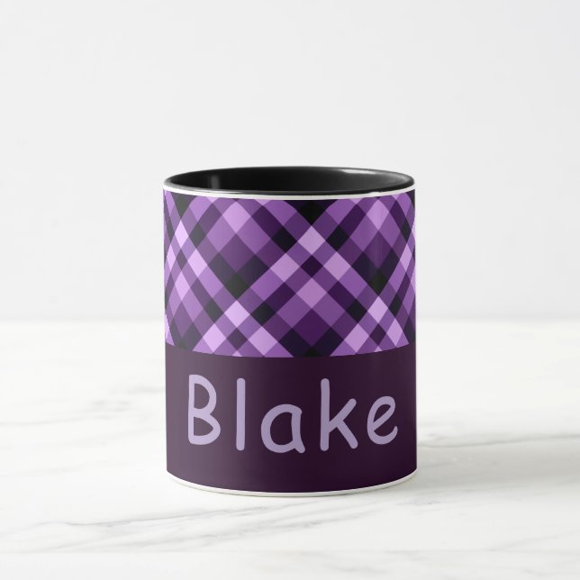 Modern Plum Purple Plaid Monogram 11 oz Mug (Center)