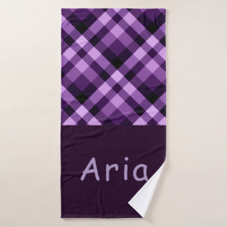 Modern Plum Purple Plaid Monogram Bath Towel