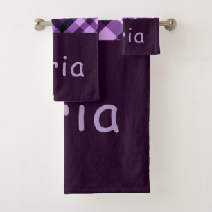 Modern Plum Purple Plaid Monogram Bath Towel Set