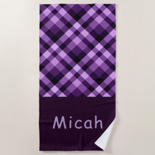 Modern Plum Purple Plaid Monogram Beach Towel