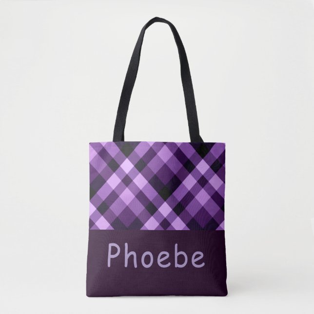 Modern Plum Purple Plaid Monogram Tote Bag (Front)