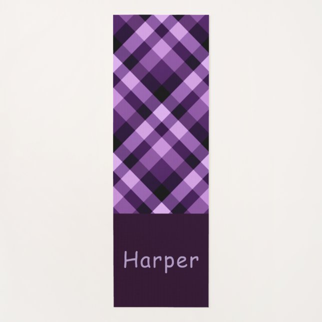 Modern Plum Purple Plaid Monogram Yoga Mat (Front)