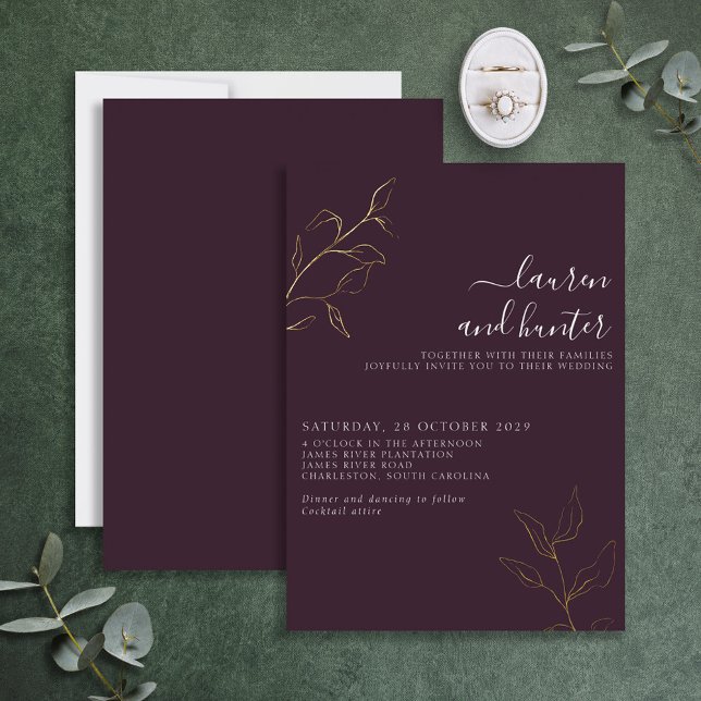 Modern Plum Purple Script Botanical Wedding Gold   (Creator Uploaded)