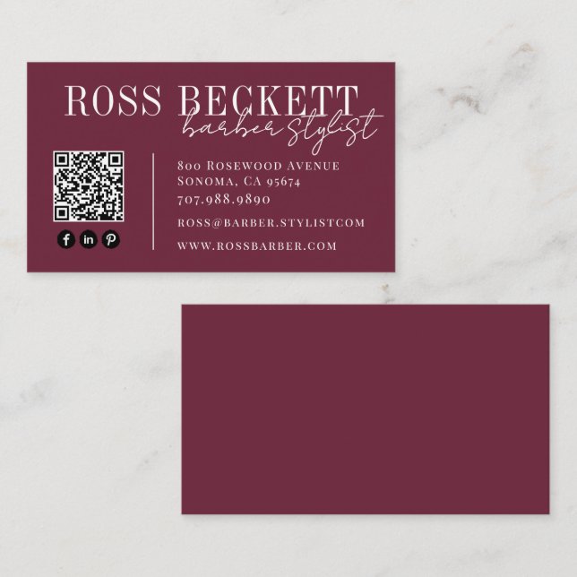 Modern Plum QR Code Barber Stylist Business Card (Front/Back)