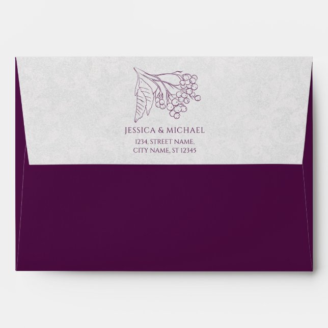 Modern Plum Silver Grey Botanical Elegant Wedding Envelope (Back (Top Flap))