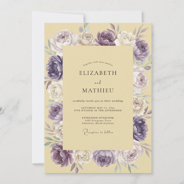 Modern Plum Yellow Peony Wedding Invitation (Front)