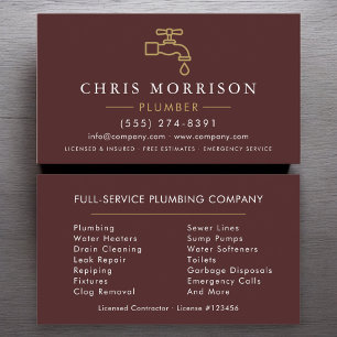Modern Plumber Burgundy Gold Minimalist Business Card