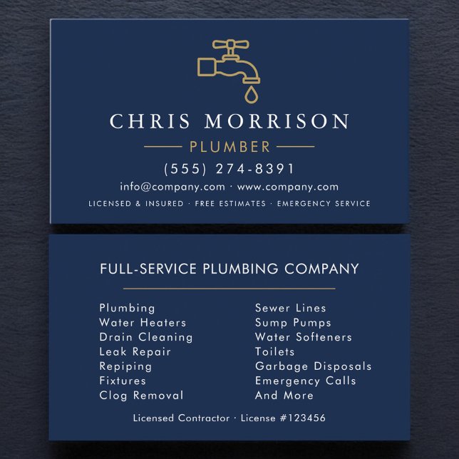 Modern Plumber Navy Blue Gold Minimalist Business Card (Creator Uploaded)