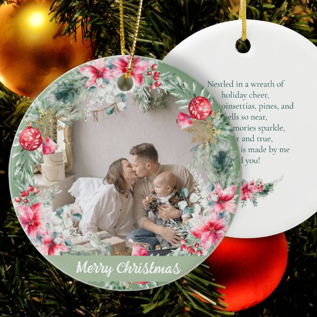 Modern Poem Poinsettia Red Green Wreath Christmas Ceramic Ornament (Creator Uploaded)