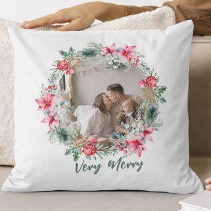 Modern Poem Poinsettia Red Green Wreath Christmas Cushion