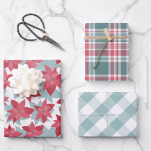 Modern Poinsettia Buffalo Check + Plaid  Wrapping Paper Sheet