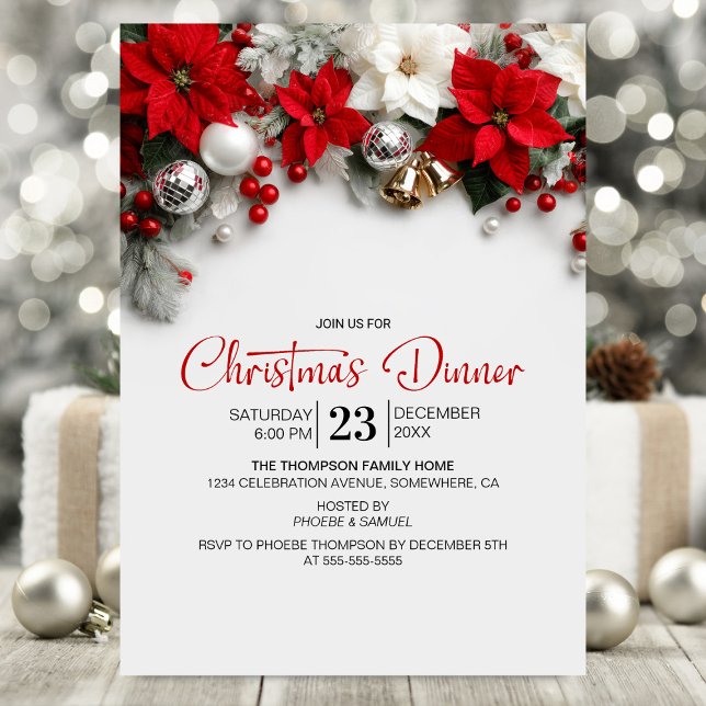 Modern Poinsettia Christmas Dinner Party Invitation (Creator Uploaded)
