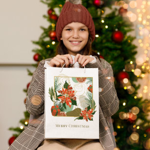 Modern Poinsettia & Greenery   Christmas Medium Gift Bag