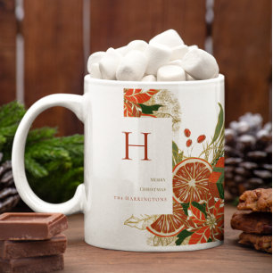 Modern Poinsettia & Greenery Christmas Monogram Coffee Mug