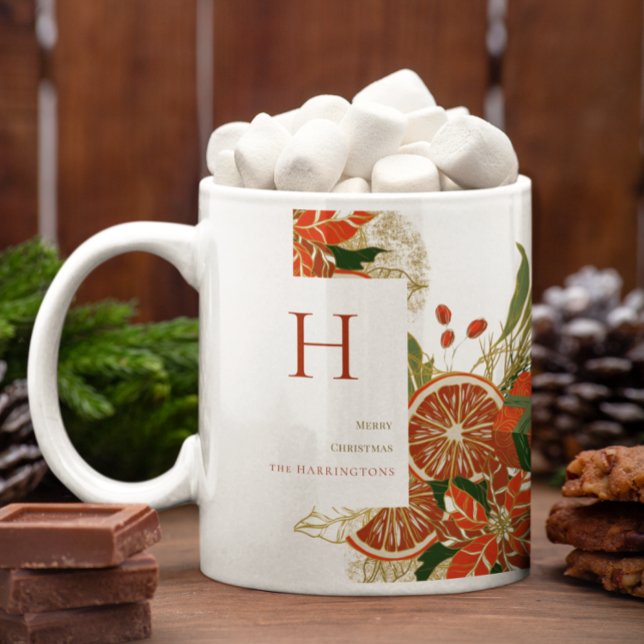 Modern Poinsettia & Greenery | Christmas Monogram Coffee Mug (Creator Uploaded)