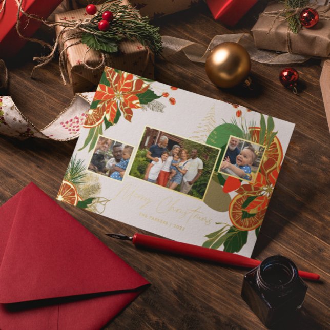 Modern Poinsettia & Greenery | Christmas Photo   Foil Holiday Card (Creator Uploaded)