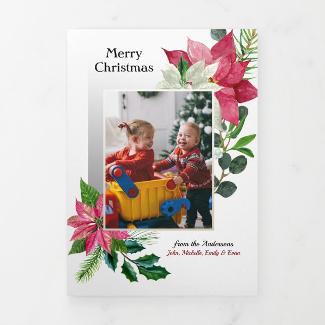 Modern Poinsettia, Holly & Pine Photo Tri-Fold Card (Cover)