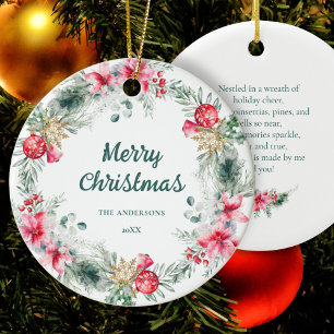 Modern Poinsettia Red Green Wreath Christmas Poem Ceramic Ornament