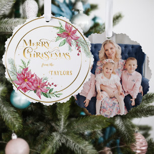 Modern Poinsettia Wreath w/Calligraphy Photo Tree Decoration Card