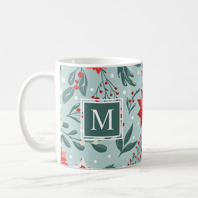 Modern Poinsettias and Berries Floral Monogram Coffee Mug (Left)