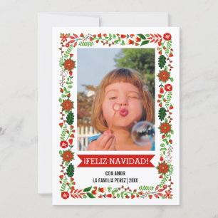 Modern poinsettias red, green FELIZ NAVIDAD photo Holiday Card
