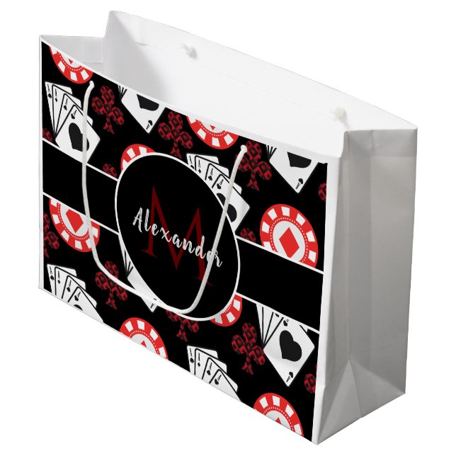 Modern Poker Theme Pattern Player Monogram & Name  Large Gift Bag (Front Angled)