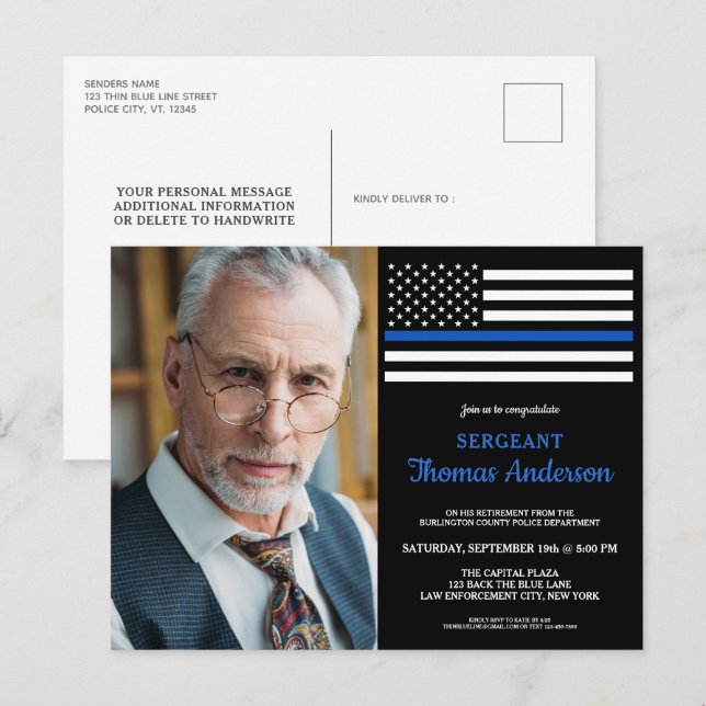 Modern Police Officer Custom Photo Retirement Invitation Postcard (Front/Back)